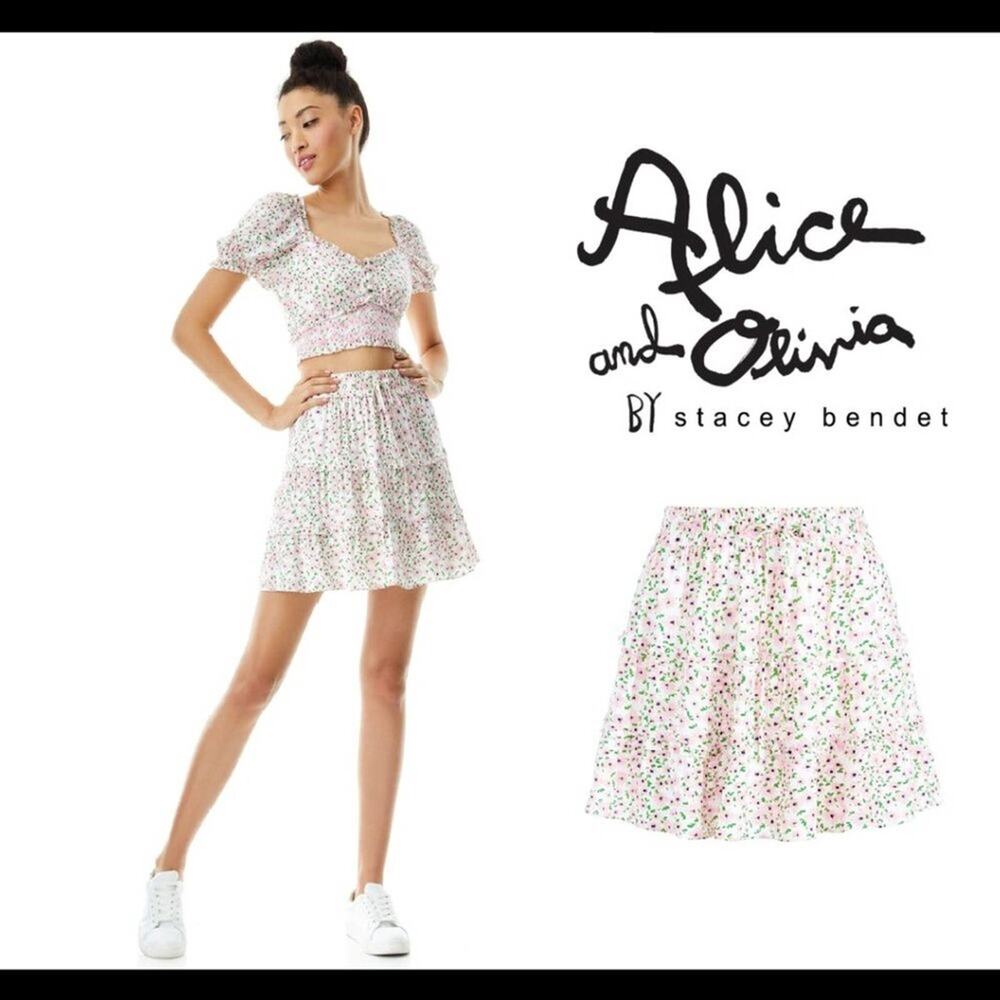 Alice and Olivia Vinita Pink Floral Drawstring Ruffle Mini Skirt